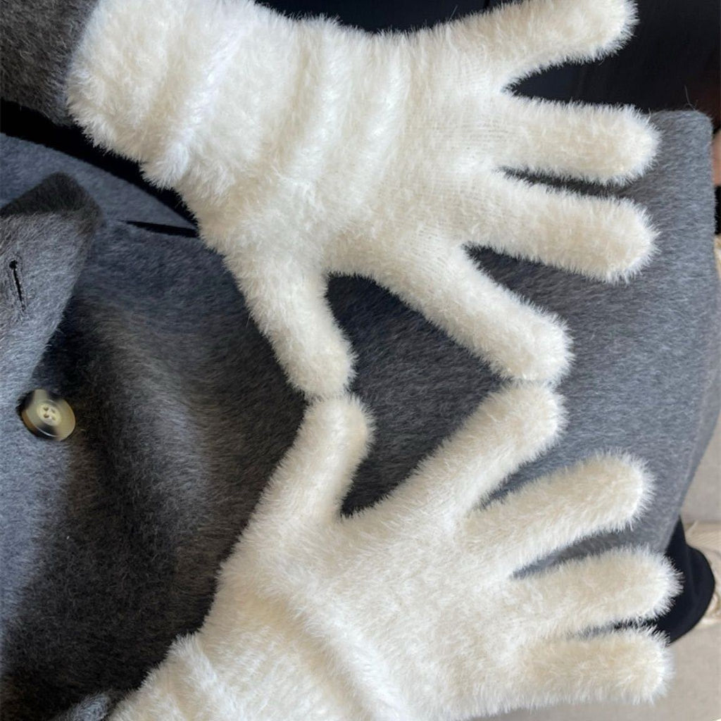 White plush gloves with fuzzy cuff trim, five-finger design