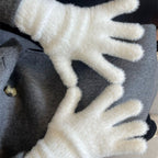White plush gloves with fuzzy cuff trim, five-finger design