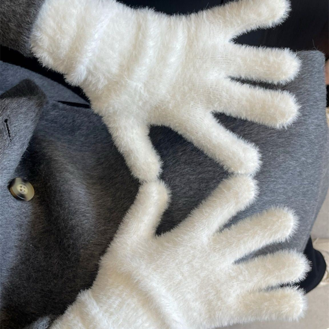 White plush gloves with fuzzy cuff trim, five-finger design