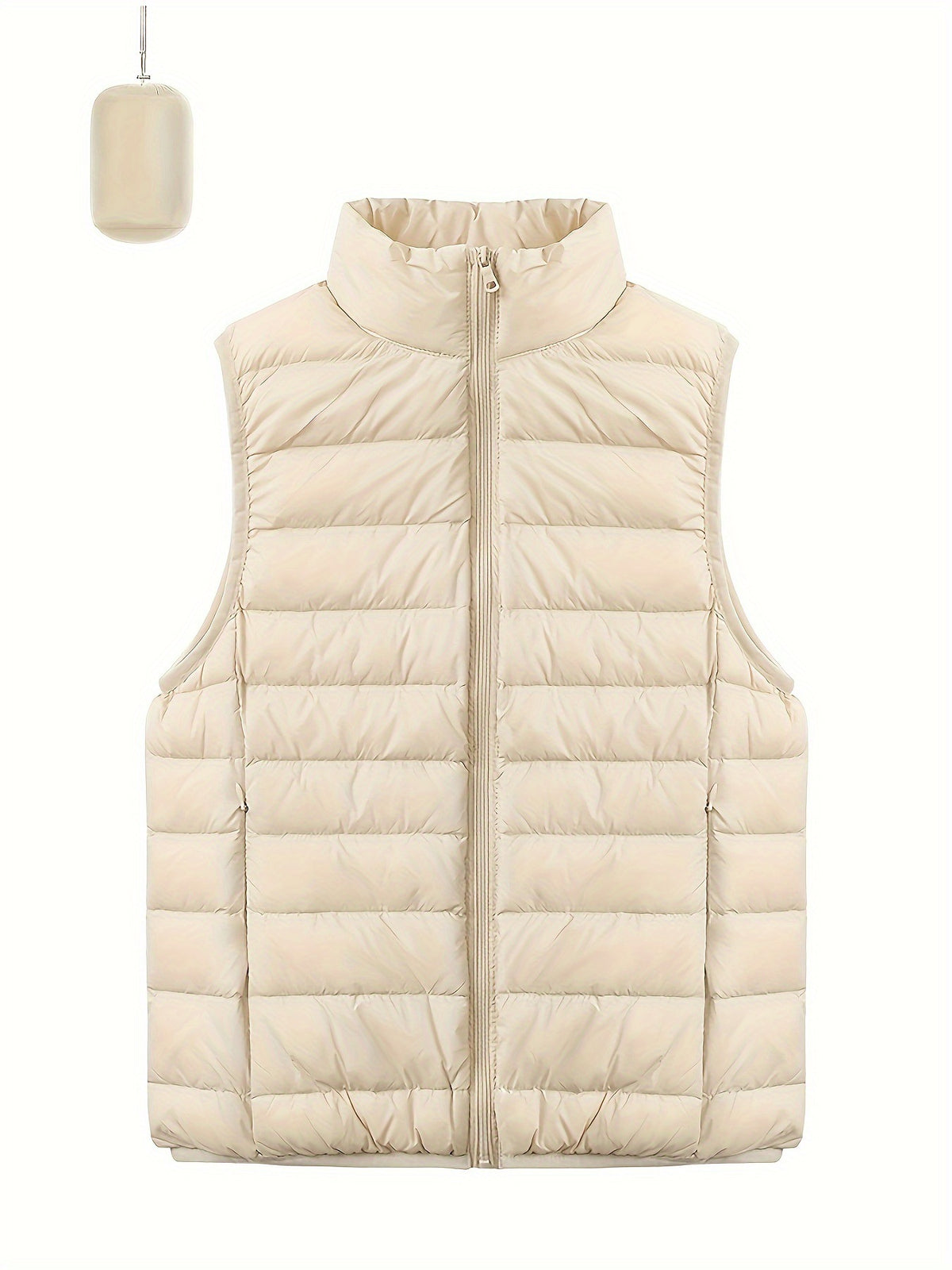 Off-white quilted puffer vest with sleeveless design, stand collar, and front zip