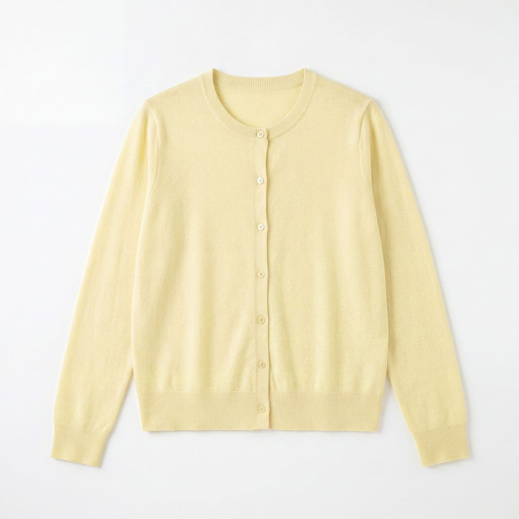 Light yellow crew-neck cardigan sweater with button front, fine knit