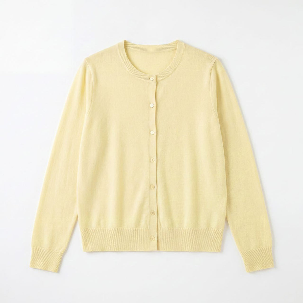 Light yellow crew-neck cardigan sweater with button front, fine knit