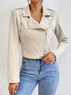 Women’s cream faux suede moto jacket with stand collar, asym zip front, and side zips