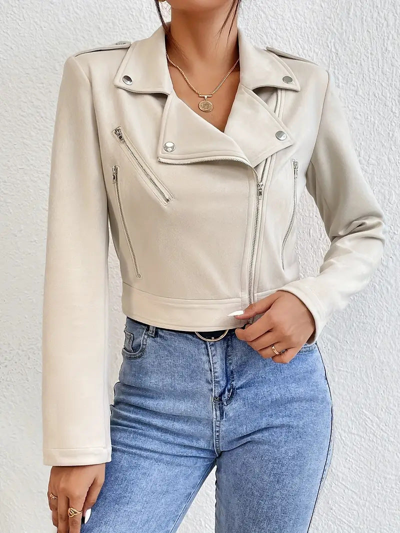 Women’s cream faux suede moto jacket with stand collar, asym zip front, and side zips
