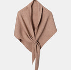 Women’s cashmere triangle scarf, camel tan knit with tied center knot