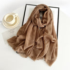 Women’s cotton scarf in brown, long crinkle gauze with frayed fringe ends