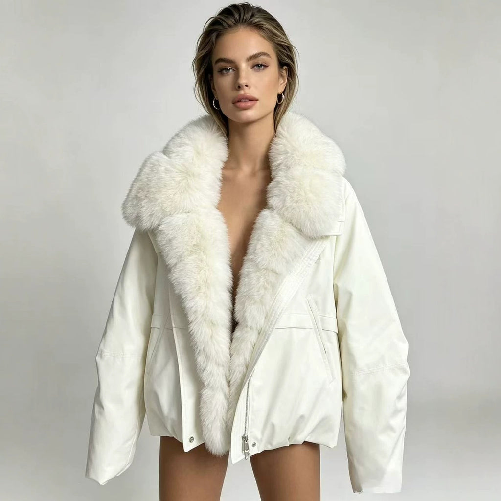 Cropped bomber jacket with faux fur collar, off-white nylon, front zipper and pockets