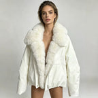 Cropped bomber jacket with faux fur collar, off-white nylon, front zipper and pockets