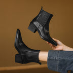 Black square-toe Chelsea pull-on boots with side elastic and stacked block heel