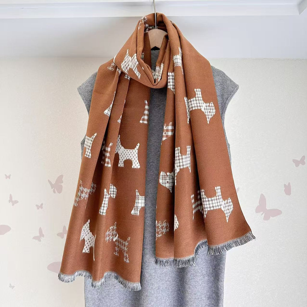 Camel jacquard blanket scarf with white dog prints and gray fringe