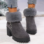 Dark gray ankle boots with faux fur cuff, side zip, chunky heel, lug tread sole