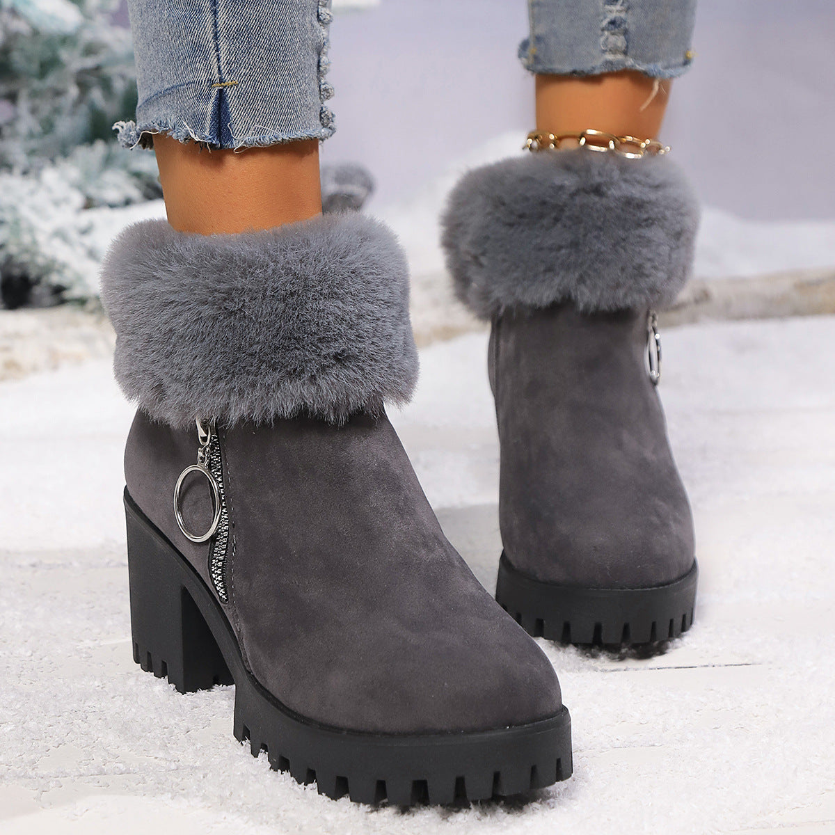 Dark gray ankle boots with faux fur cuff, side zip, chunky heel, lug tread sole
