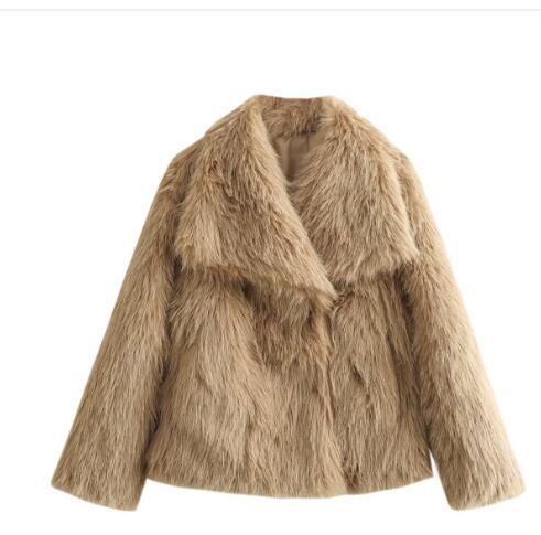 Beige cropped faux fur jacket with shaggy texture and oversized collar, open front