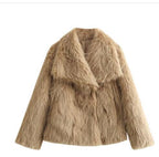 Beige cropped faux fur jacket with shaggy texture and oversized collar, open front