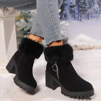 Black ankle booties with faux fur cuff, side zip, chunky heel, lug sole