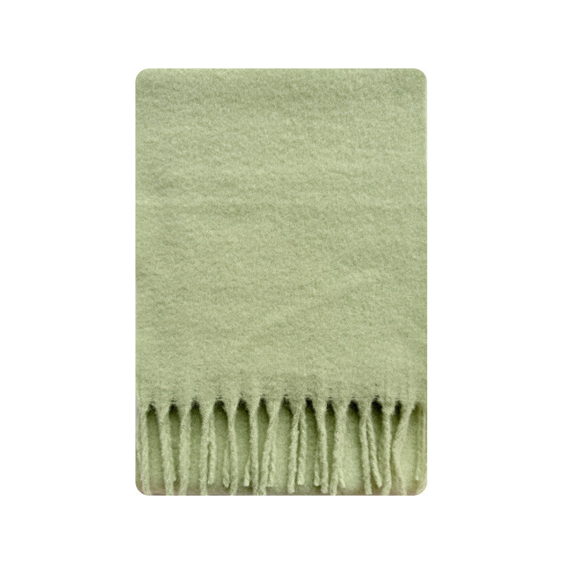 Wool blend fringe scarf swatch, sage green with long tassel fringe