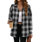 Gray and black plaid oversized button-down shirt with long sleeves and front buttons