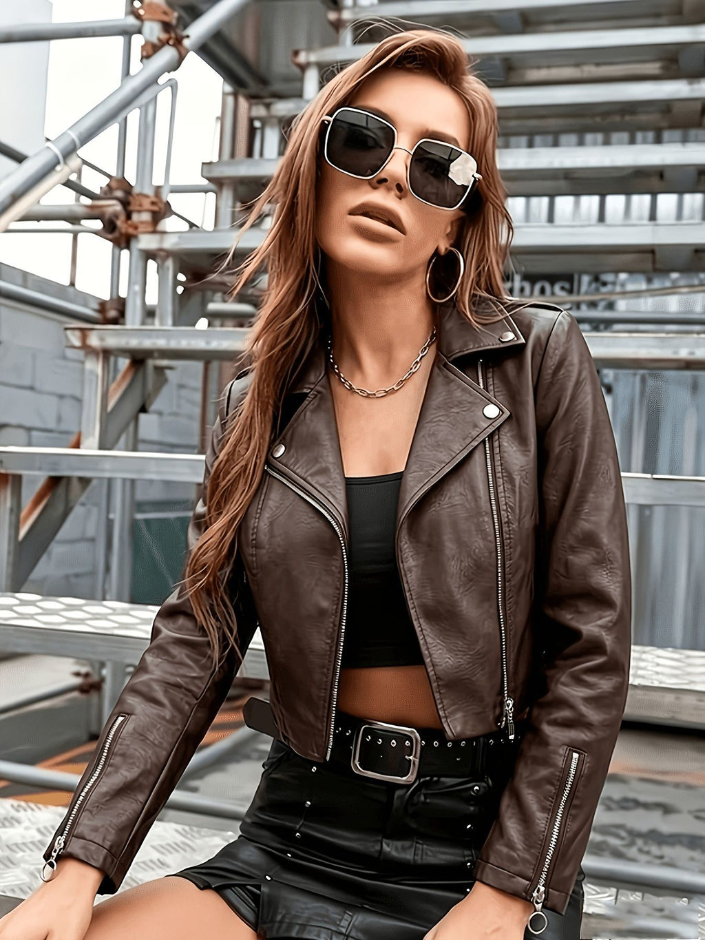 Cropped brown faux leather moto jacket with zip front, snap lapels, and zip cuffs