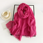 Women’s cotton scarf in hot pink, long crinkle gauze with frayed fringe ends