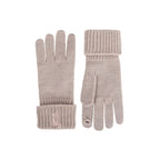 Beige knit touchscreen gloves with ribbed fold-over cuffs and bow embroidery