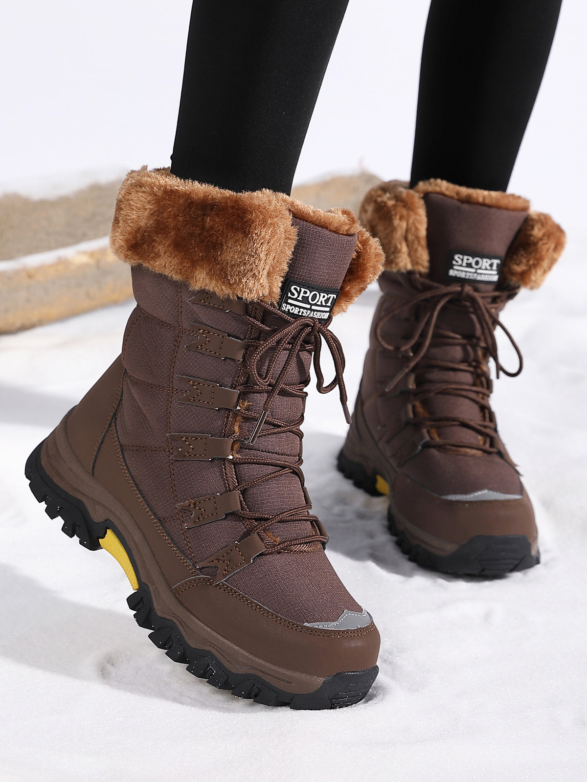 Brown mid-calf snow boots with faux-fur cuff, lace-up front, and lug rubber sole