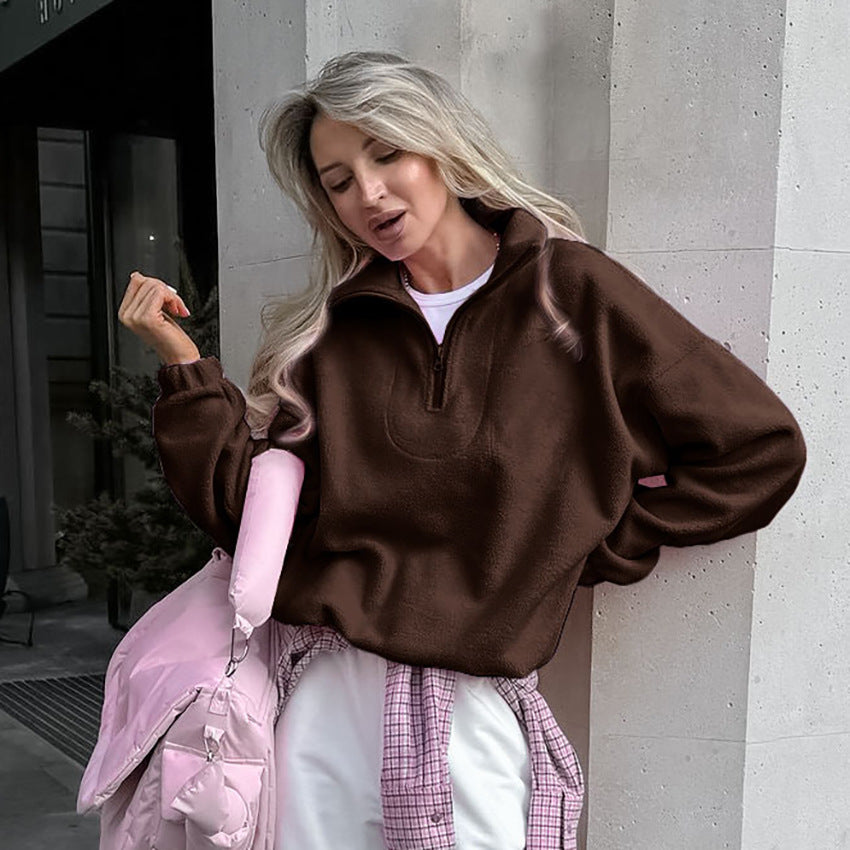Brown half-zip fleece pullover with oversized stand collar and long sleeves