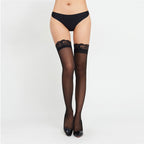 Black sheer thigh-high stockings with lace tops, matching brief set shown