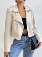 Women’s cream faux suede moto jacket with asym zip front and side zip pockets