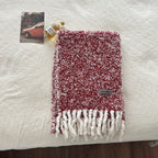 Boucle knit scarf, red with long fringe tassels and white contrast bottom