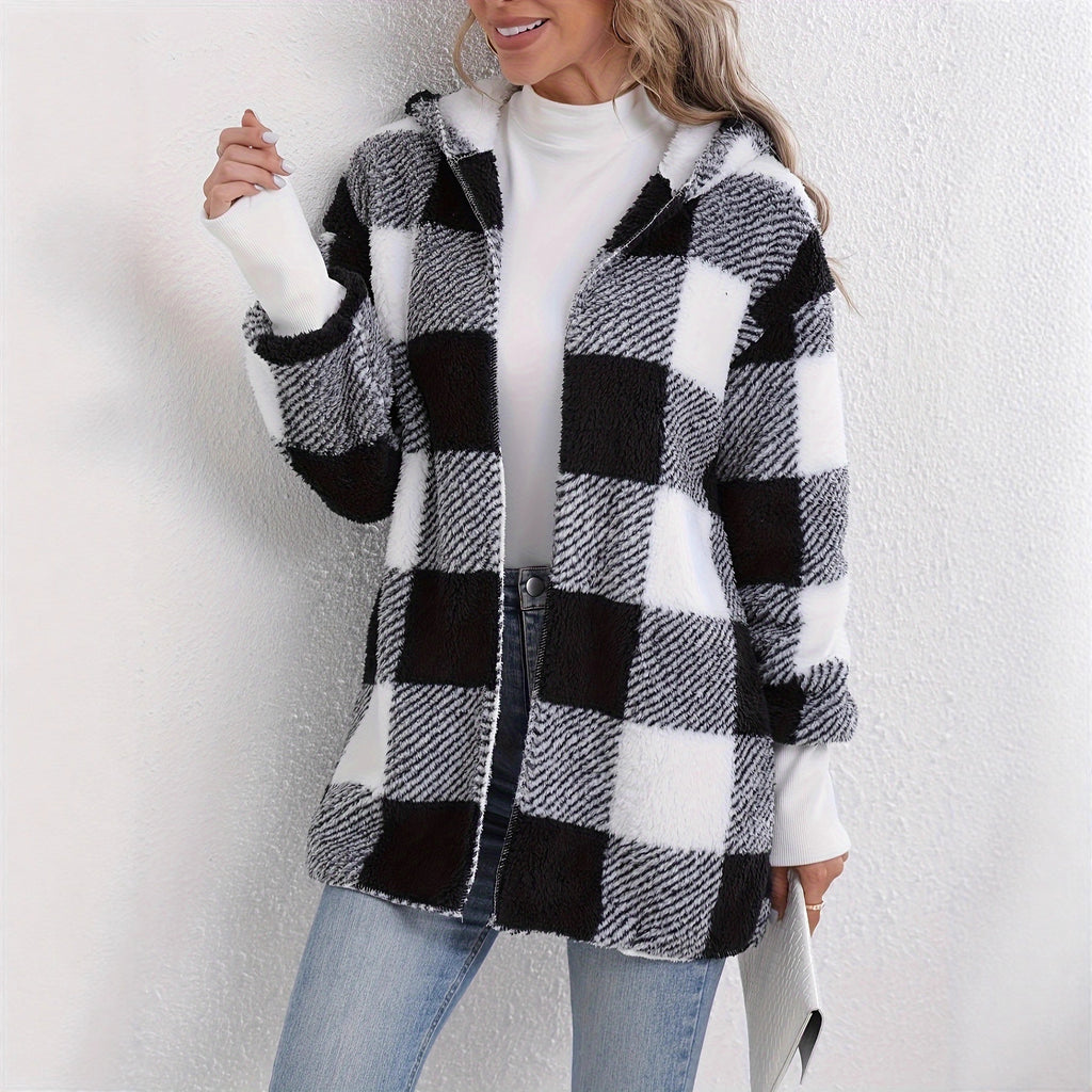 Women’s hooded buffalo-check sherpa jacket, black-and-white plaid, full-zip