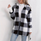 Women’s hooded buffalo-check sherpa jacket, black-and-white plaid, full-zip
