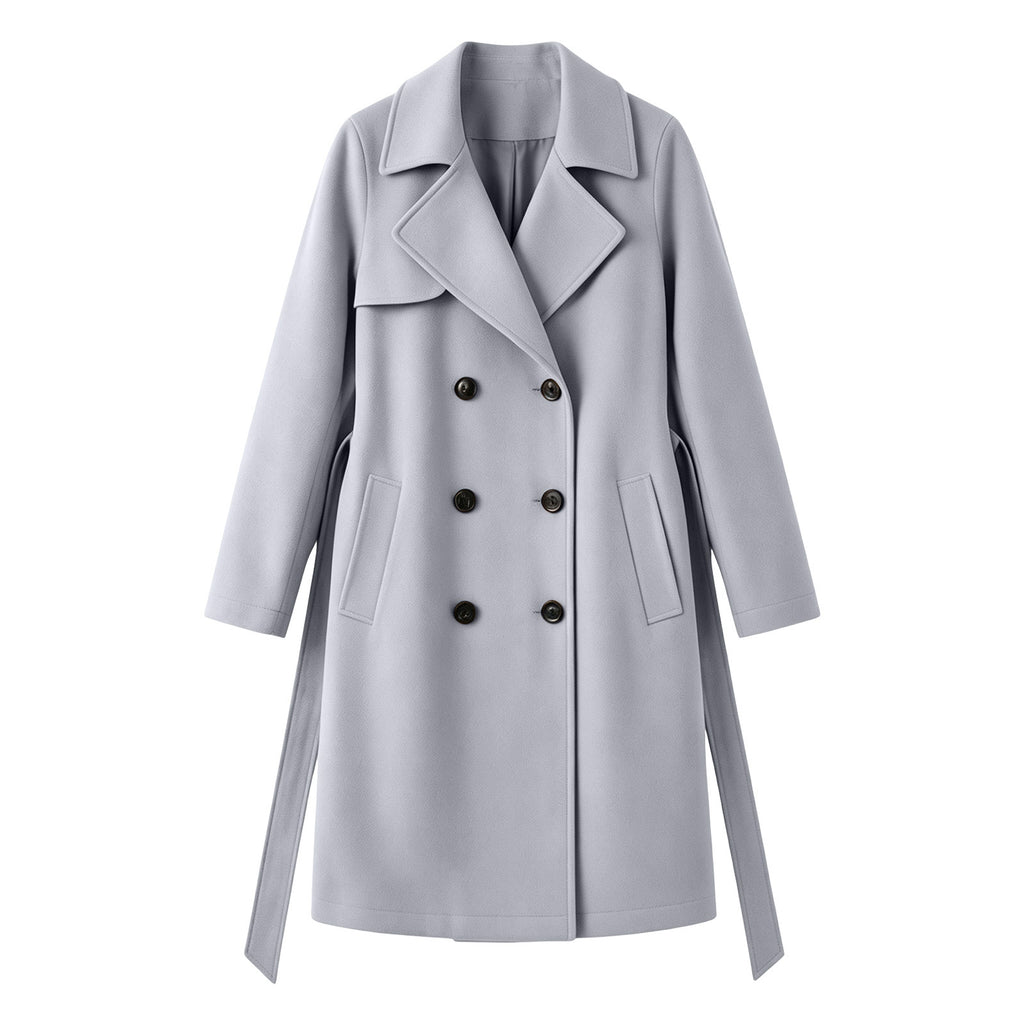 Double-breasted wool-blend overcoat, pale gray, notched lapels, button front