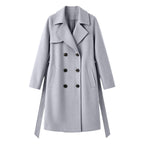Double-breasted wool-blend overcoat, pale gray, notched lapels, button front