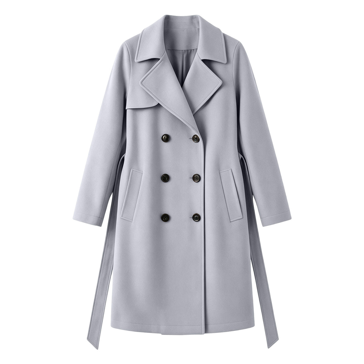 Double-breasted wool-blend overcoat, pale gray, notched lapels, button front