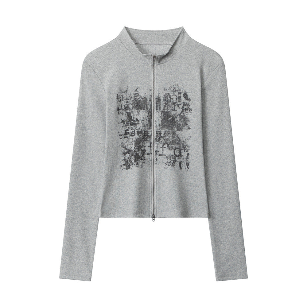 Light gray long-sleeve zip-up top with stand collar and distressed graphic front