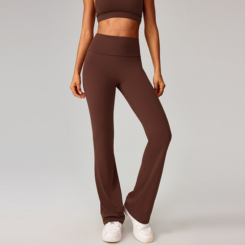 Dark brown high-waisted flare yoga leggings with sleek, long bootcut silhouette.