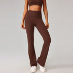 Dark brown high-waisted flare yoga leggings with sleek, long bootcut silhouette.