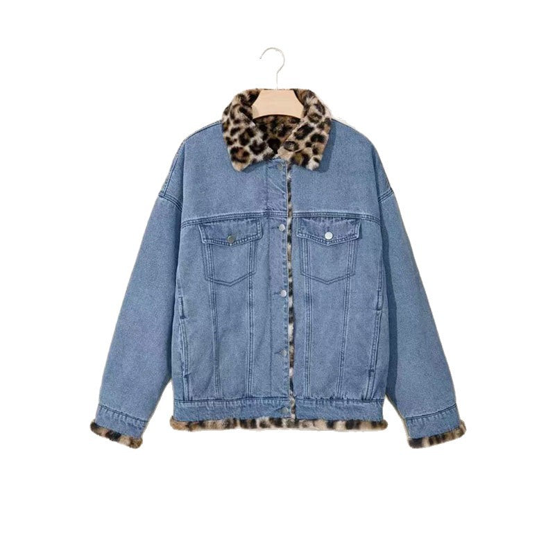 Light blue denim jacket on hanger with leopard-print fleece collar and button-up front