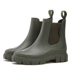 Chelsea rain boots in dark olive green matte rubber with side elastic panels and lug sole.