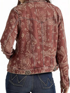 Women’s paisley print denim trucker jacket, button front, back view, red-brown