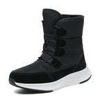 Women's fleece-lined snow boots, black high-top with hook-and-loop straps and curved tread sole