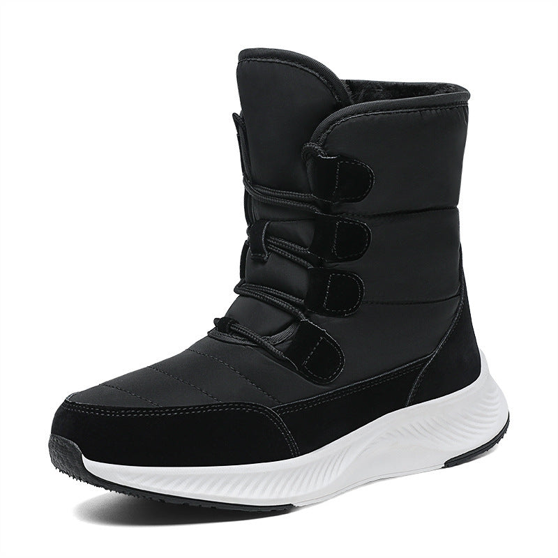 Women's fleece-lined snow boots, black high-top with hook-and-loop straps and curved tread sole