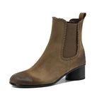Women’s apricot suede Chelsea ankle boots with elastic gore and black block heel