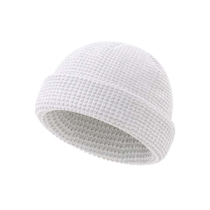 White reflective waffle-knit fisherman beanie with folded cuff
