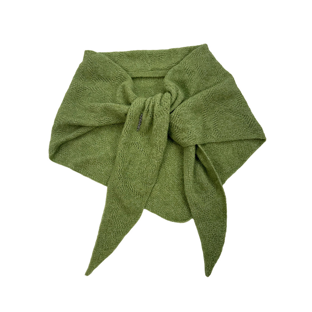 Olive green knit triangle scarf with subtle openwork, tied at the center.