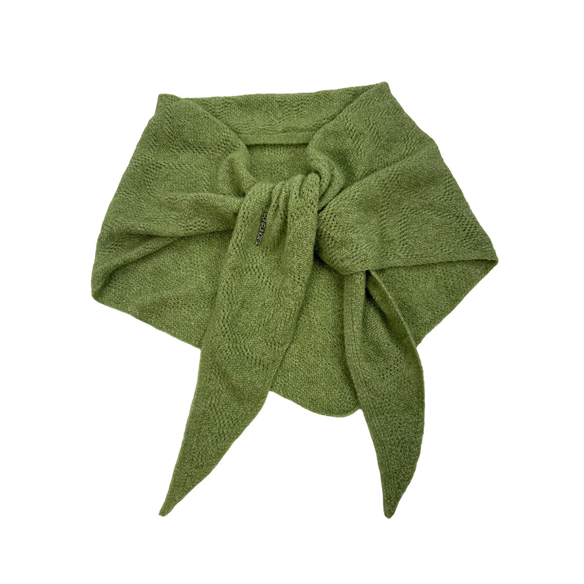 Olive green knit triangle scarf with subtle openwork, tied at the center.