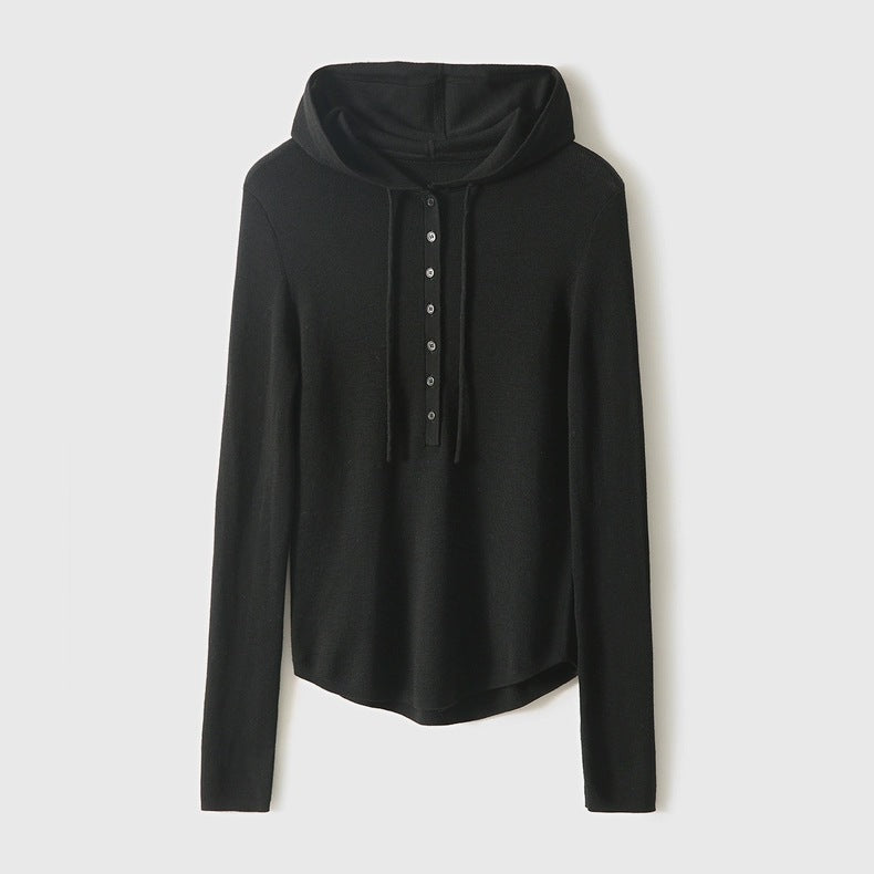 Women’s hooded henley sweater in black fine knit with button placket and drawstring hood