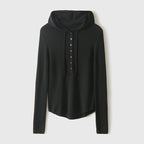 Women’s hooded henley sweater in black fine knit with button placket and drawstring hood