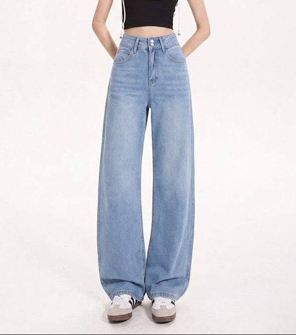 Women's wide-leg jeans, light blue wash, front button closure and wide straight legs