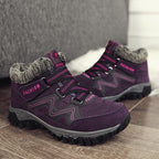 Burgundy snow boots with faux fur lining, hook-and-loop straps, lug sole